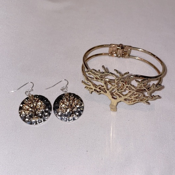 Tree of Life Silver Gold Earrings & Bracelet Set - Picture 3 of 8